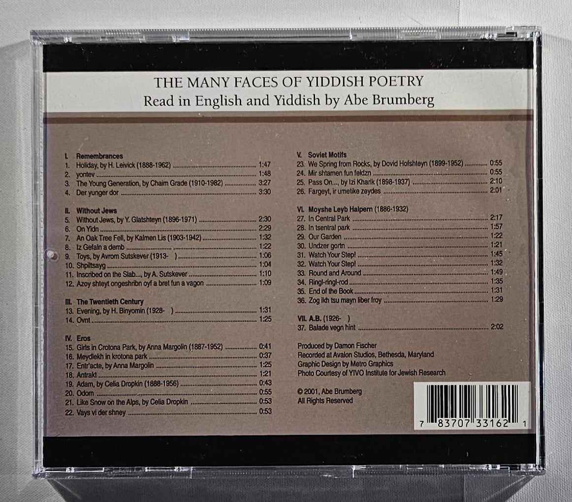 Back cover of a CD titled 'The Many Faces of Yiddish Poetry' with tracklist and barcode.