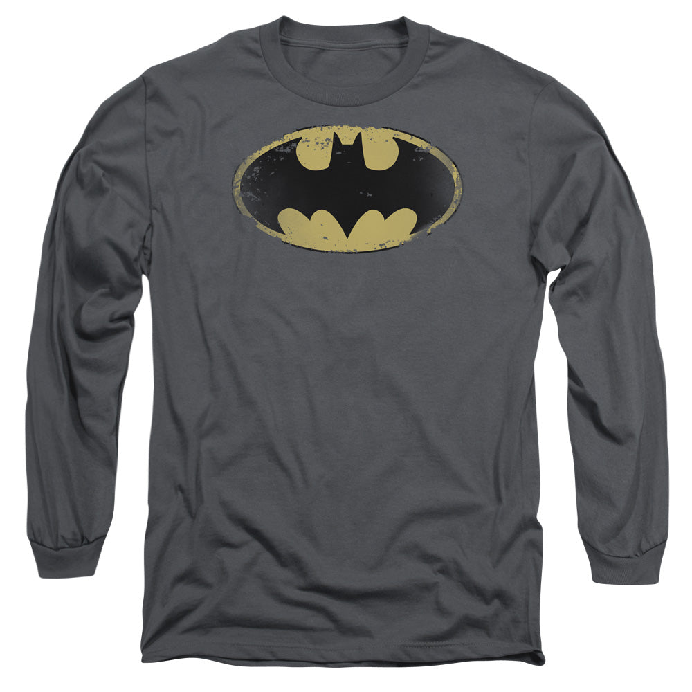 Batman Distressed Shield Mens Long Sleeve Shirt Charcoal Officially Licensed