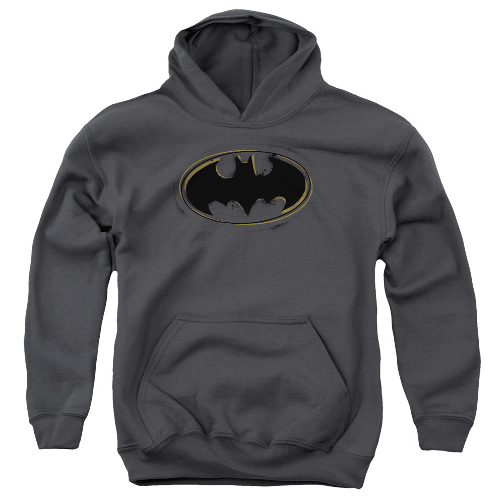 Batman Spray Paint Logo Kids Youth Hoodie Charcoal Officially Licensed