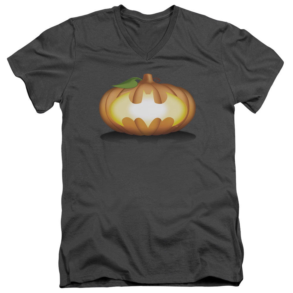 Batman Bat Pumpkin Logo Mens Slim Fit V Neck T Shirt Charcoal Officially Licensed