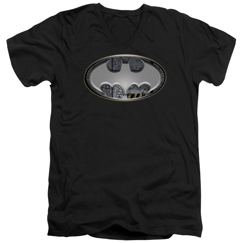 Batman Steel Wall Shield Mens Slim Fit V Neck T Shirt Black Officially Licensed