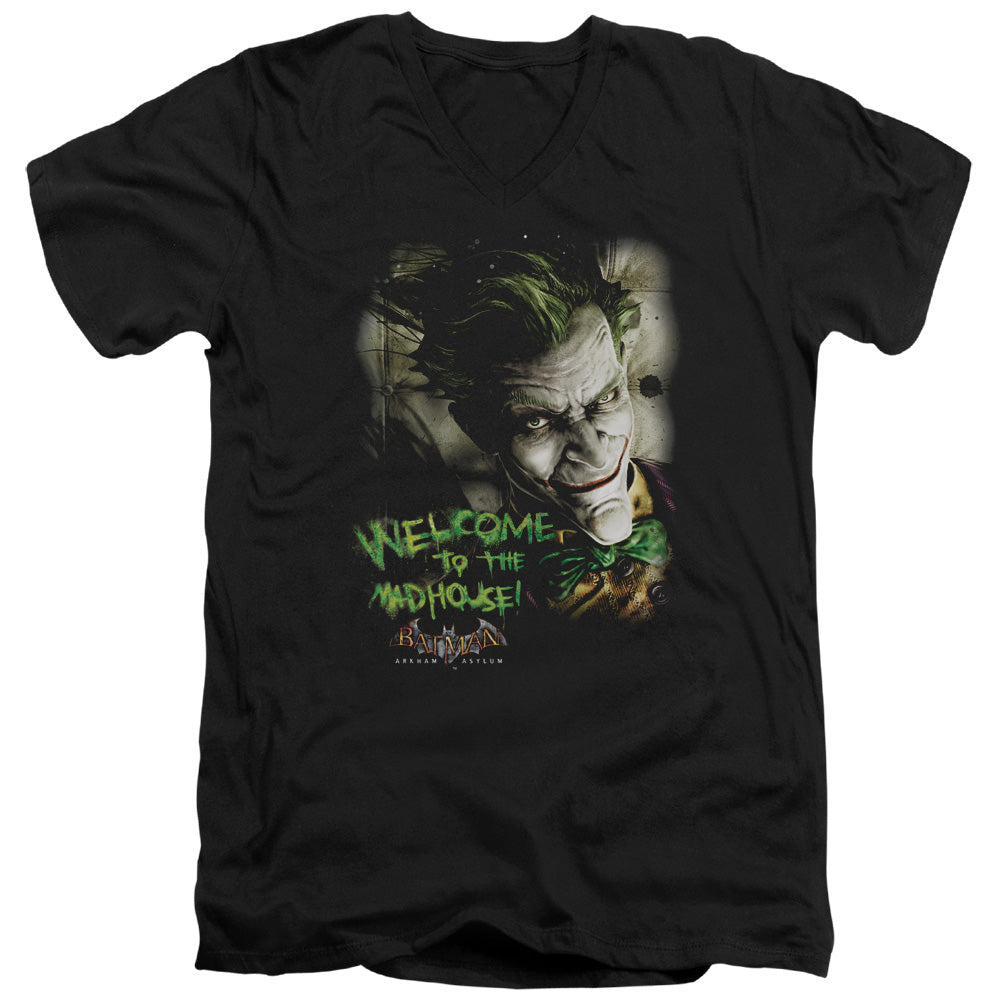 Batman Aa Welcome To The Madhouse Mens Slim Fit V Neck T Shirt Black Officially Licensed