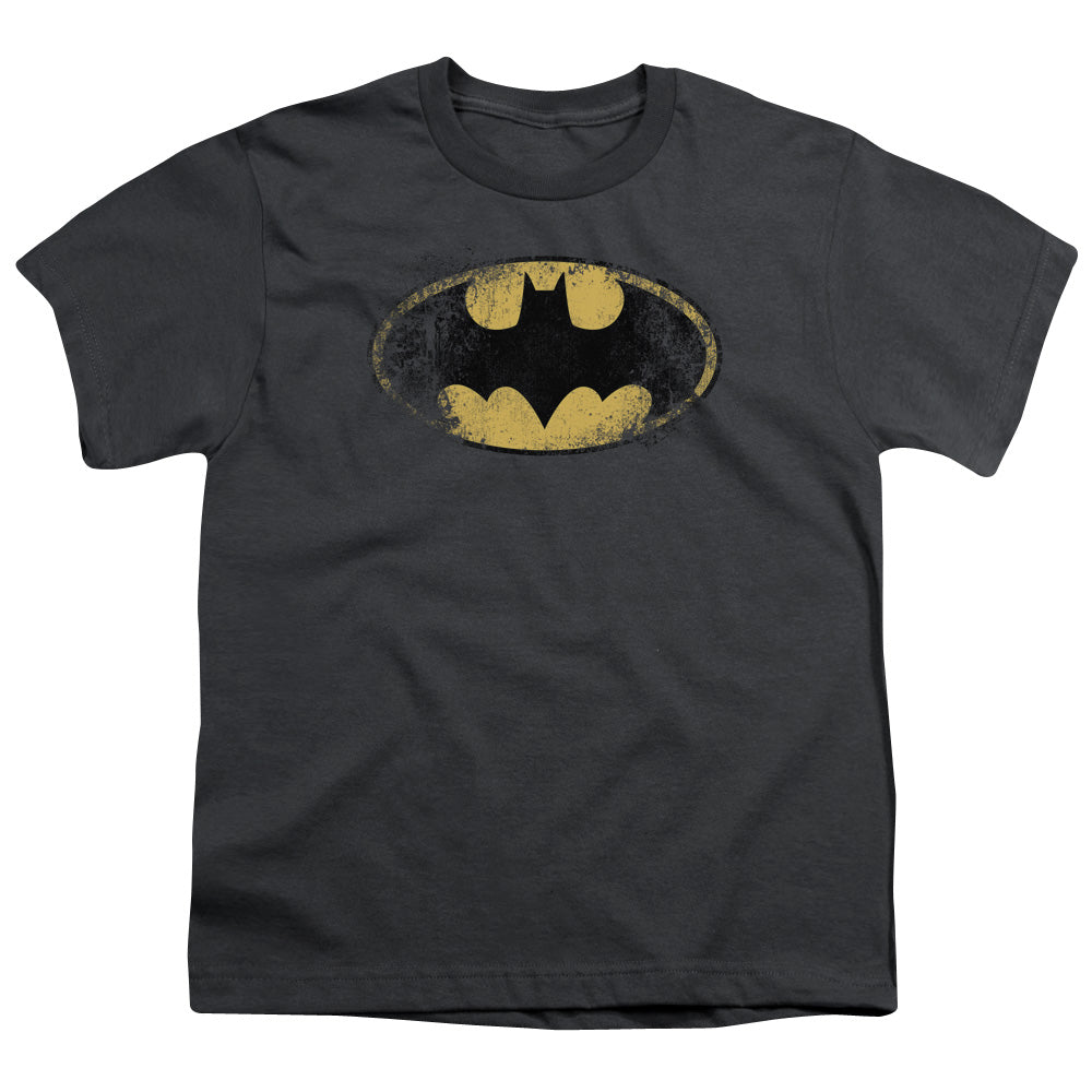 Batman Destroyed Logo Kids Youth T Shirt Charcoal Officially Licensed