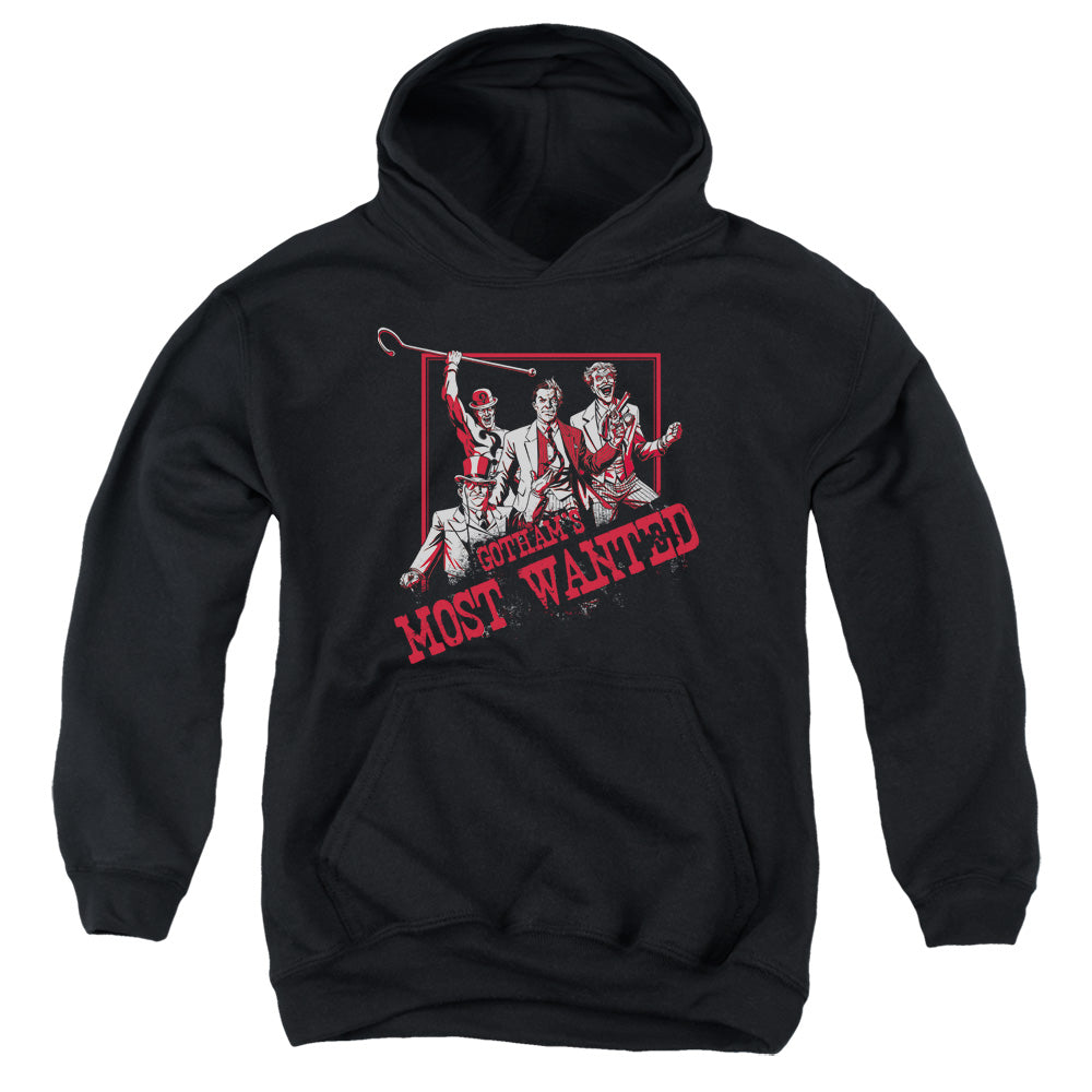 Batman Gothams Most Wanted Kids Youth Hoodie Black Officially Licensed