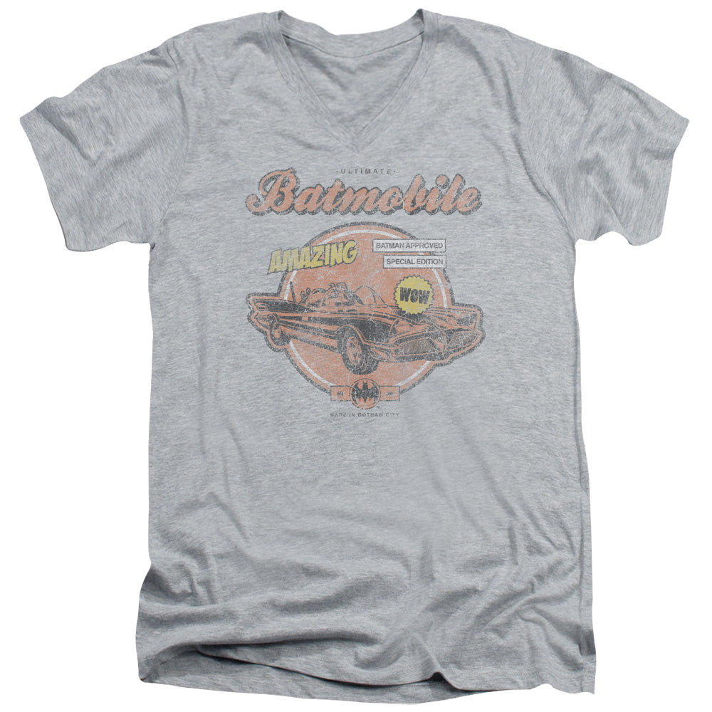 Batman Amazing Batmobile Mens Slim Fit V Neck T Shirt Athletic Heather Officially Licensed