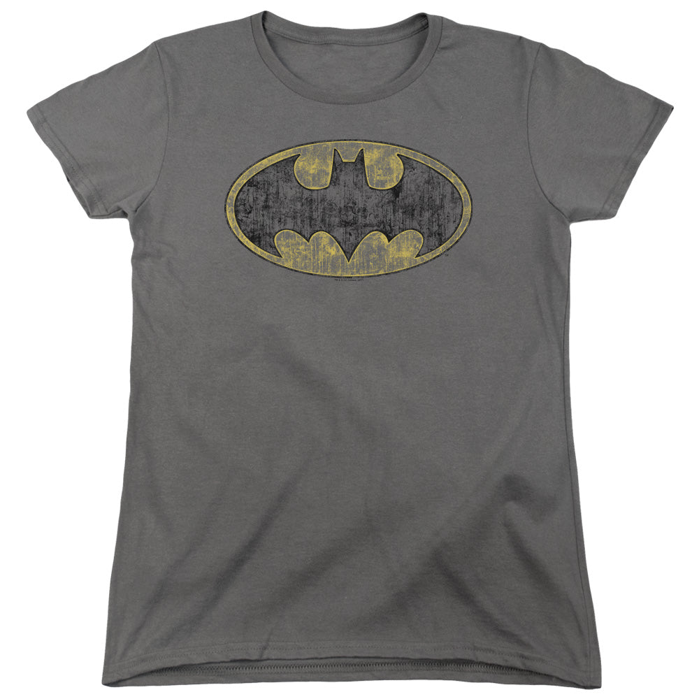 Batman Tatered Logo Womens T Shirt Charcoal Officially Licensed