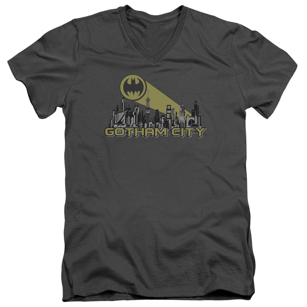 Batman Gotham Skyline Mens Slim Fit V Neck T Shirt Charcoal Officially Licensed