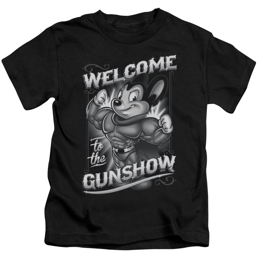Mighty Mouse Mighty Gunshow Juvenile Kids Youth T Shirt Black Officially Licensed