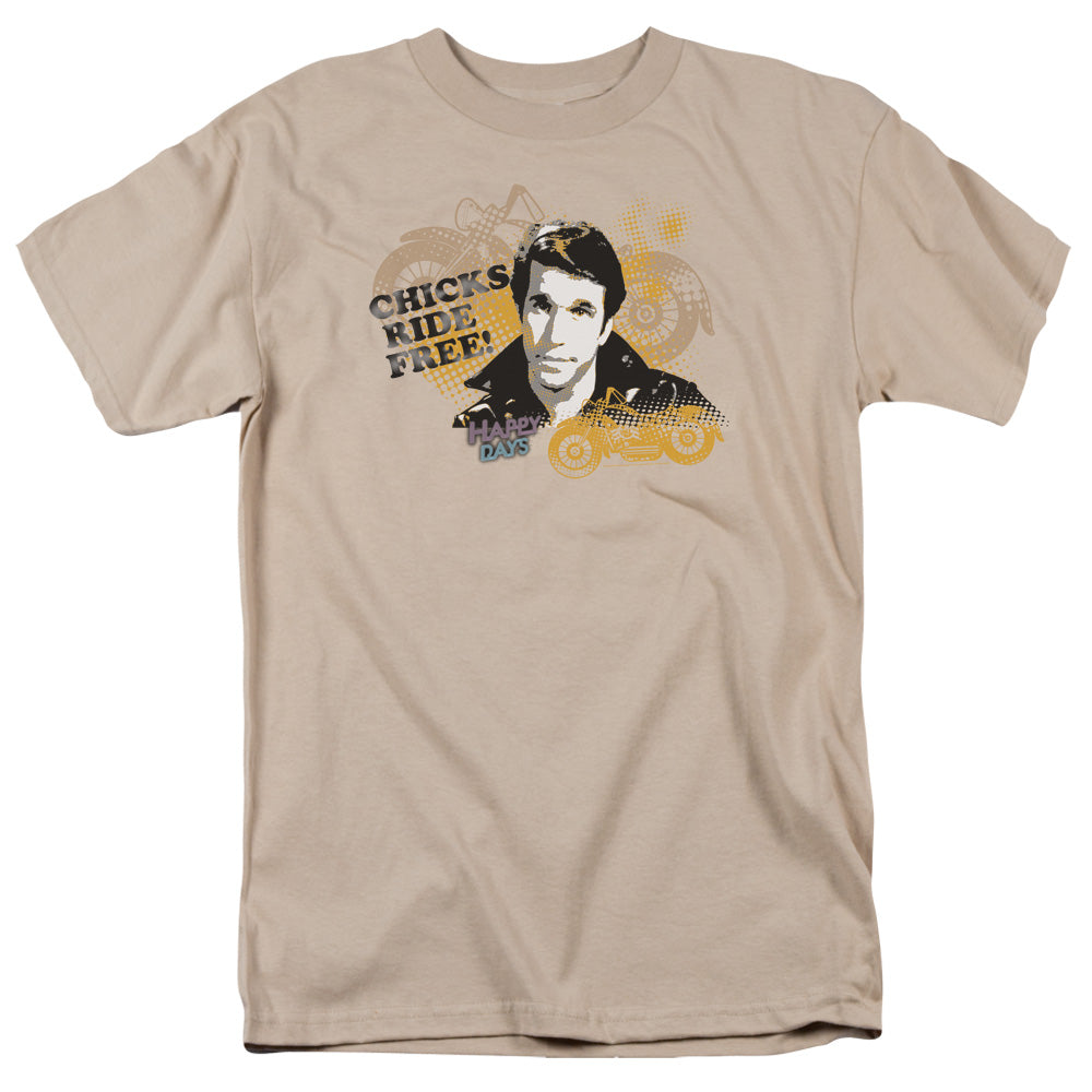 Happy Days Chicks Ride Free Mens T Shirt Sand Officially Licensed