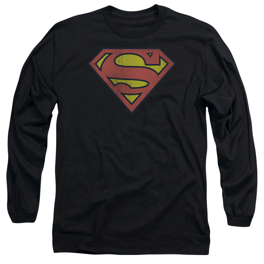 DC Comics Retro Supes Logo Distressed Mens Long Sleeve Shirt Black Officially Licensed