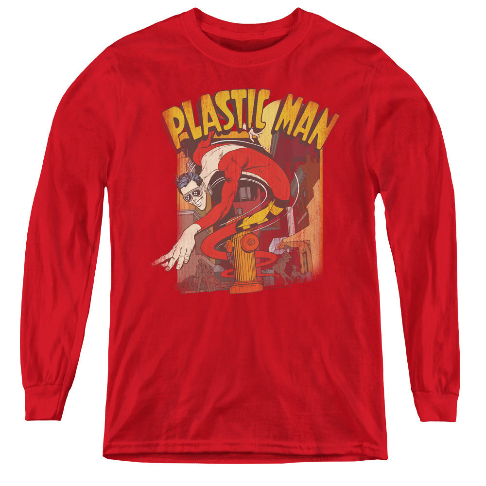 DC Comics Plastic Man Street Long Sleeve Kids Youth T Shirt Red Officially Licensed
