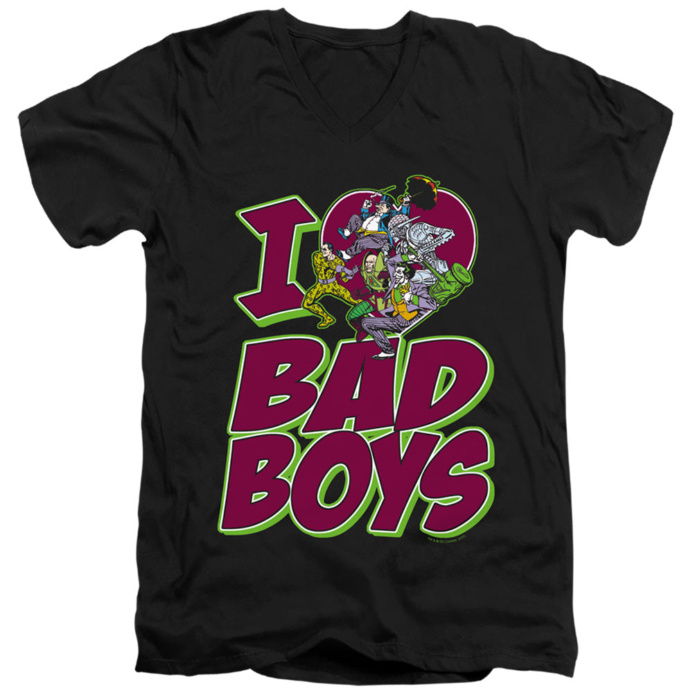 DC Comics I Heart Bad Boys Mens Slim Fit V Neck T Shirt Black Officially Licensed
