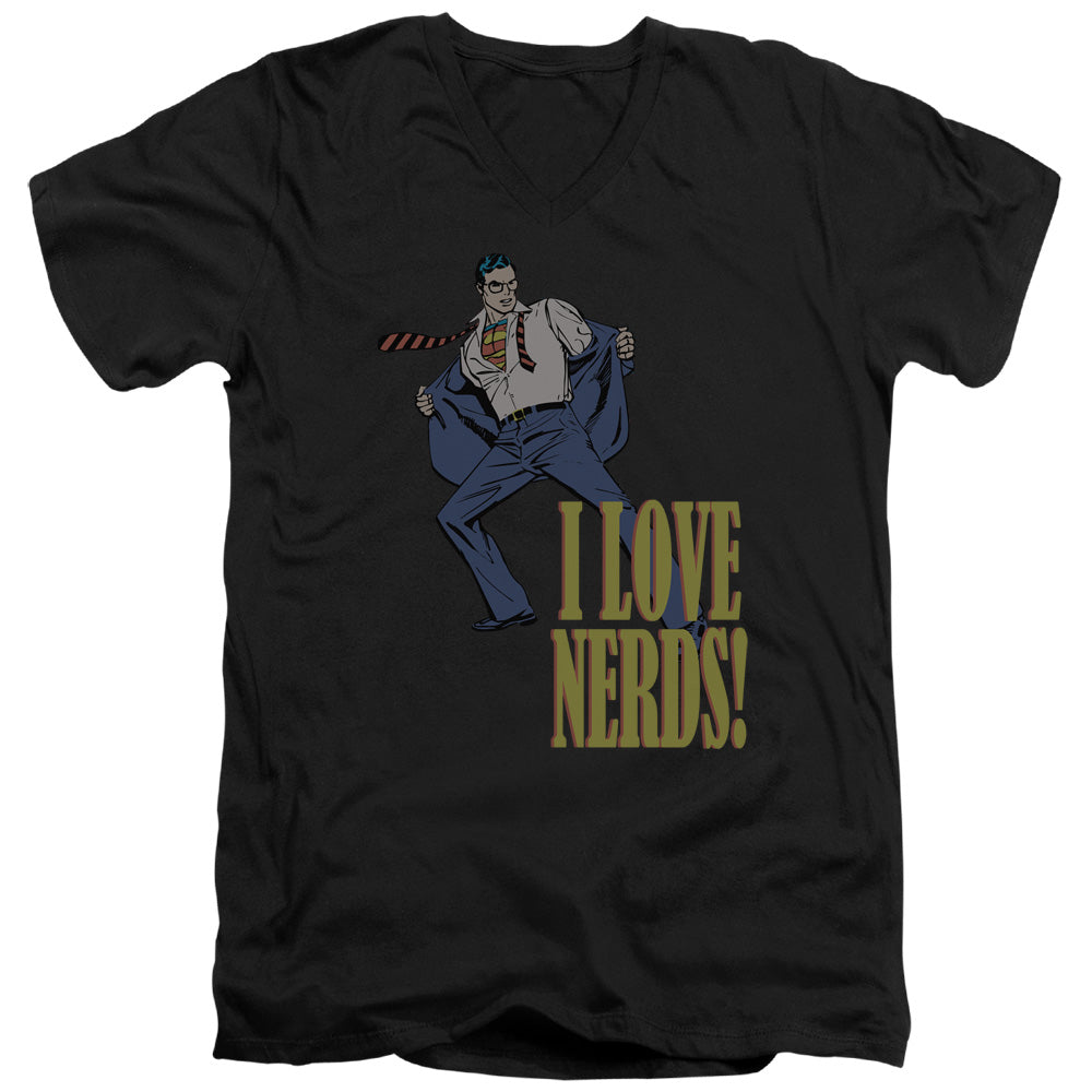 DC Comics I Love Nerds Mens Slim Fit V Neck T Shirt Black Officially Licensed