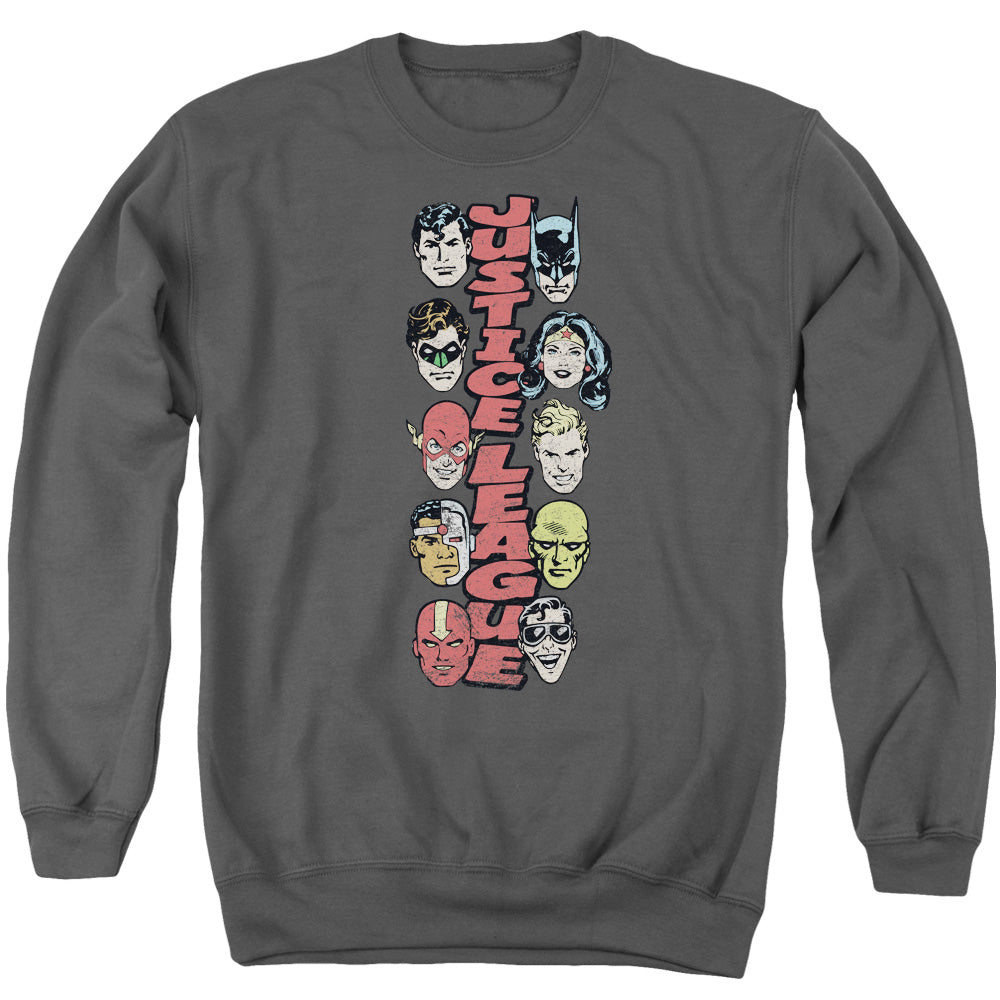 DC Comics Stacked Justice Mens Crewneck Sweatshirt Charcoal Officially Licensed