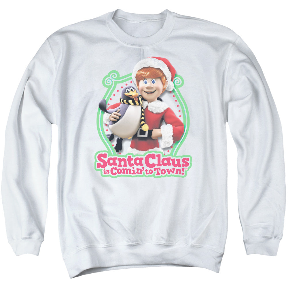 Santa Claus is Comin to Town Penguin Mens Crewneck Sweatshirt White Officially Licensed