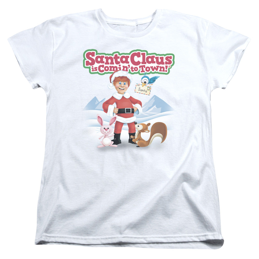 Santa Claus is Comin to Town Animal Friends Womens T Shirt White Officially Licensed