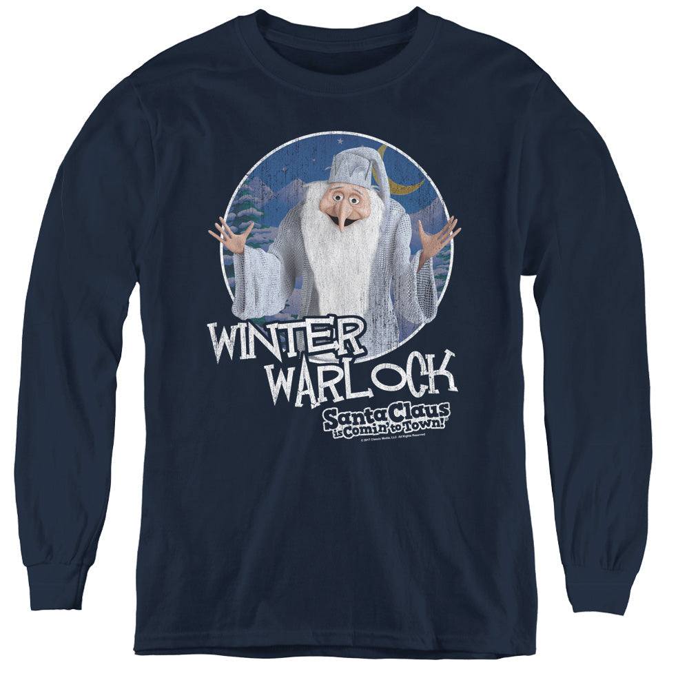 Santa Claus is Comin to Town Winter Warlock Long Sleeve Kids Youth T Shirt Navy Blue Officially Licensed