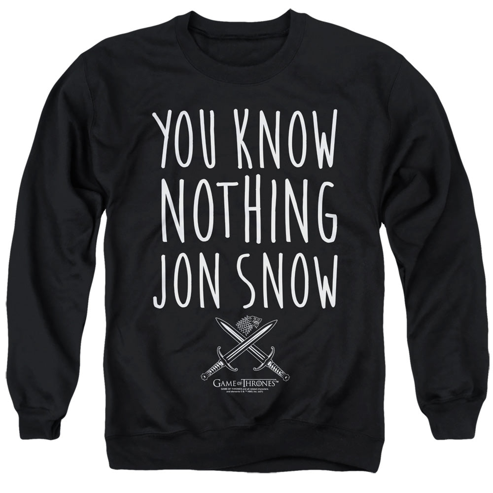 Game Of Thrones You Know Nothing Jon Snow Mens Crewneck Sweatshirt Black Officially Licensed