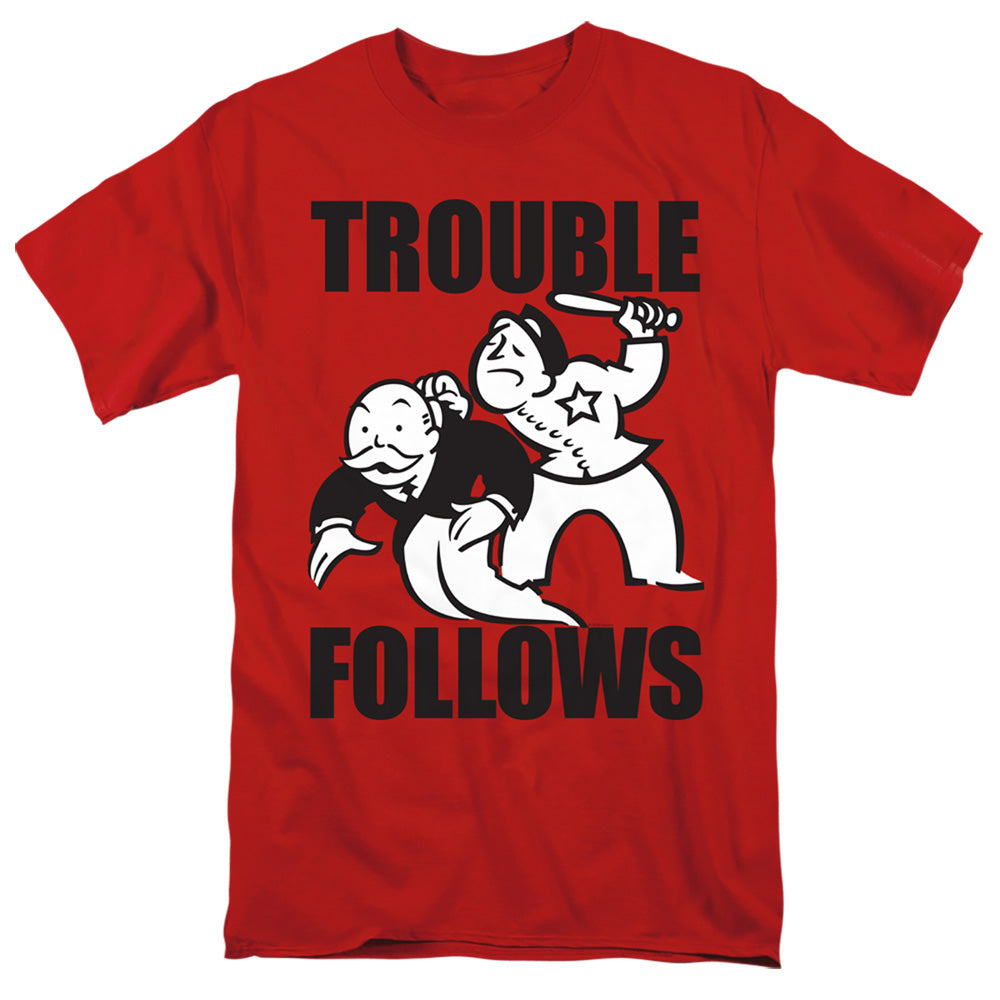 Monopoly Trouble Follows Evergreen Mens T Shirt Red Officially Licensed