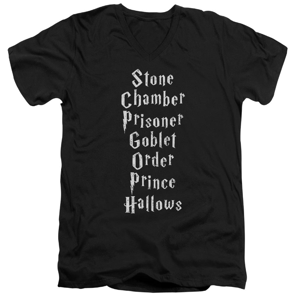 Harry Potter Titles Mens Slim Fit V-Neck T Shirt Black Officially Licensed
