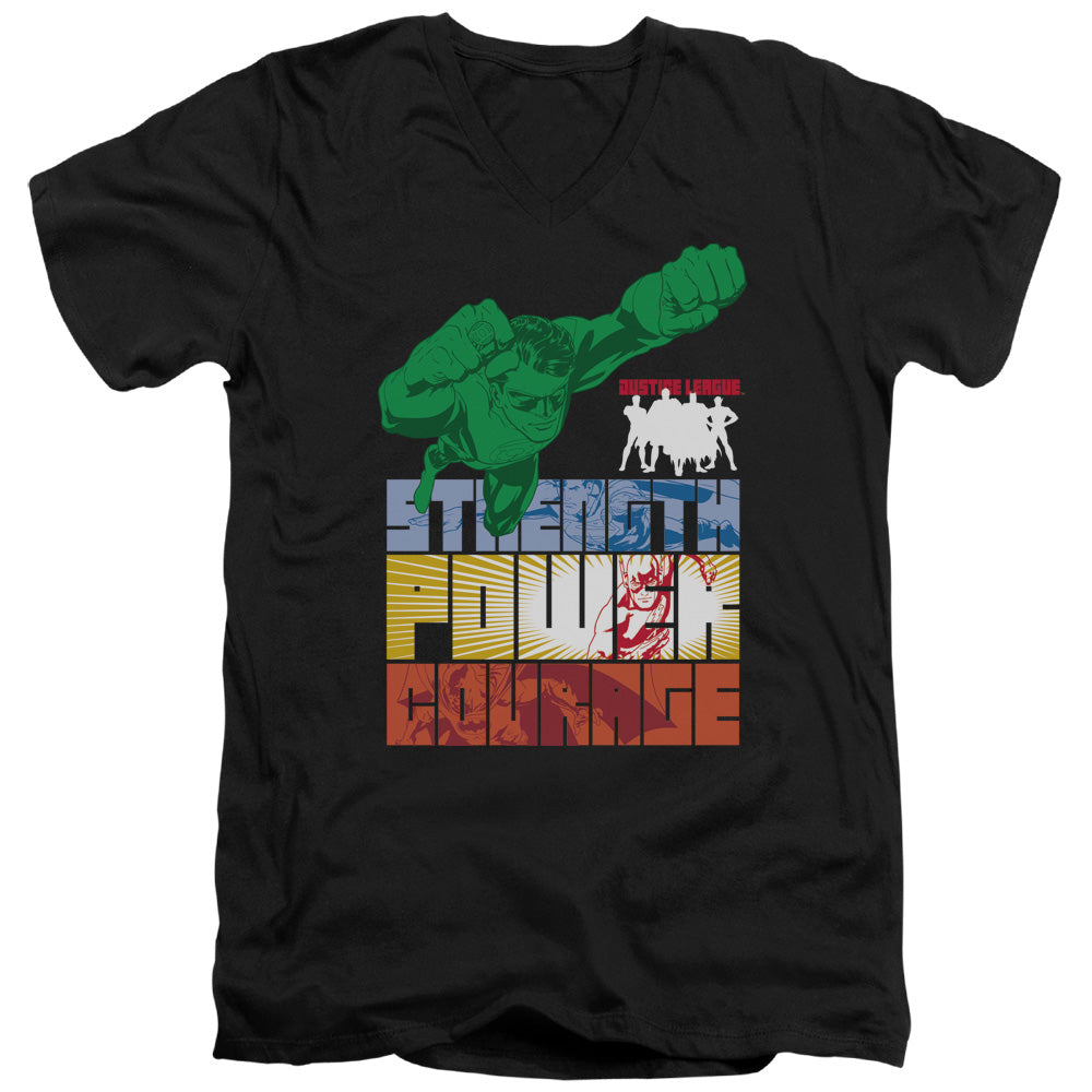 Justice League Heroic Qualities Mens Slim Fit V-Neck T Shirt Black Officially Licensed