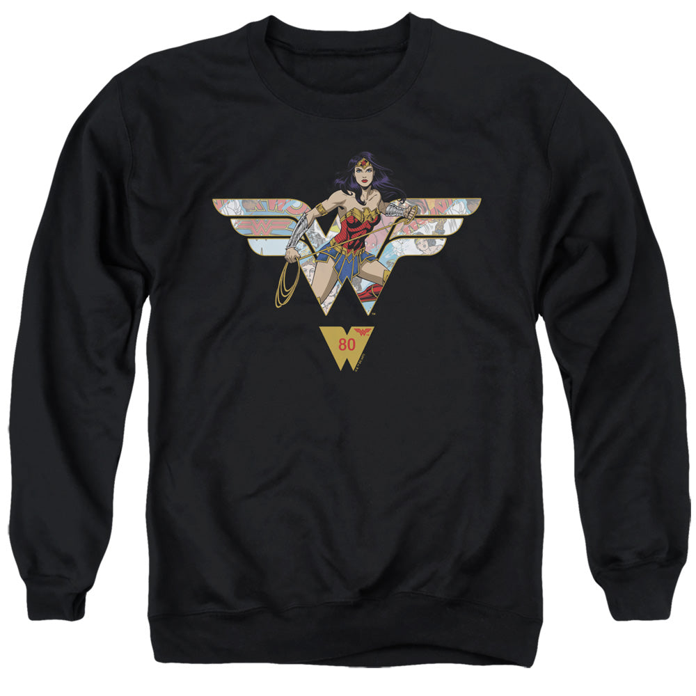 Wonder Woman Ww 80Th Collage Logo Mens Crewneck Sweatshirt Black Officially Licensed