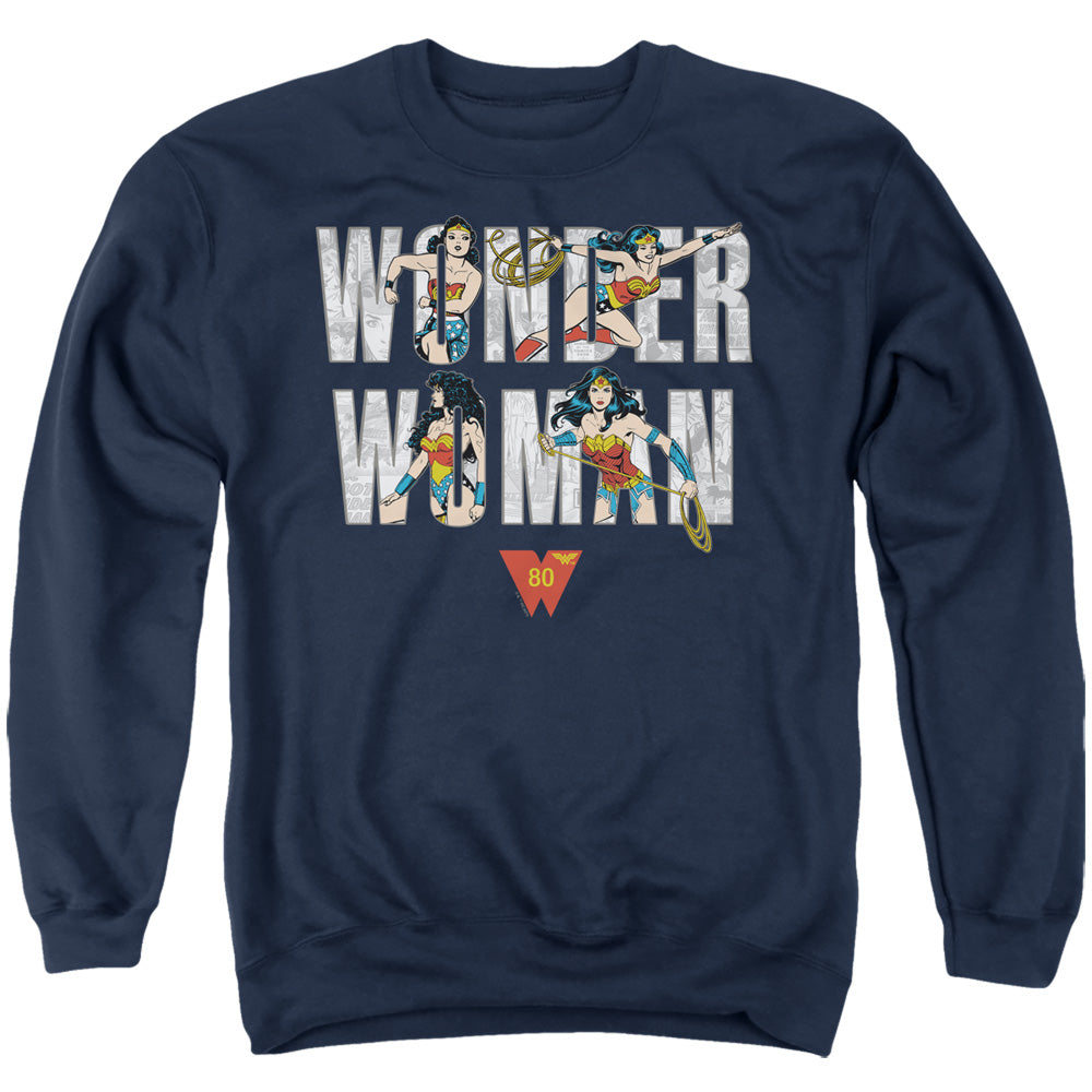 Wonder Woman Ww 80Th Illustrated Type Mens Crewneck Sweatshirt Navy Officially Licensed