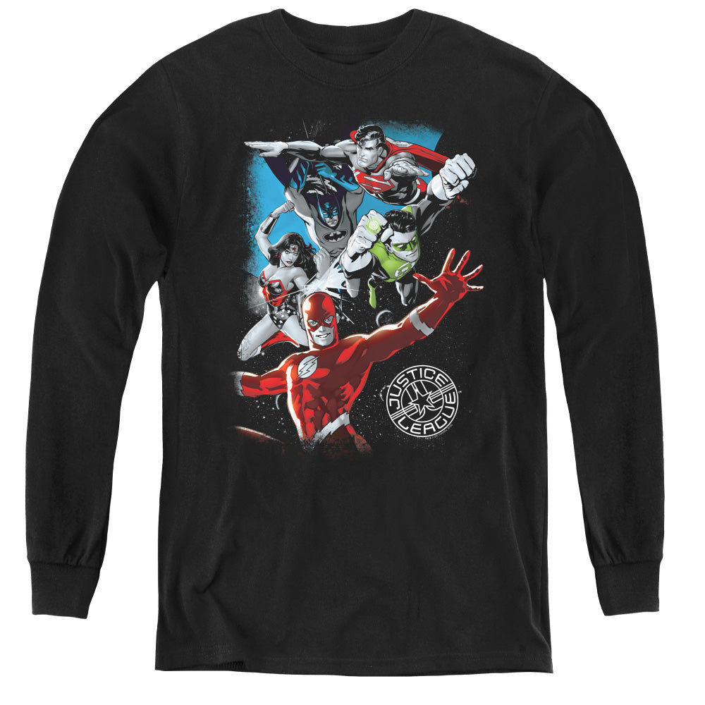 Justice League Galactic Attack Long Sleeve Kids Youth T Shirt Black Officially Licensed