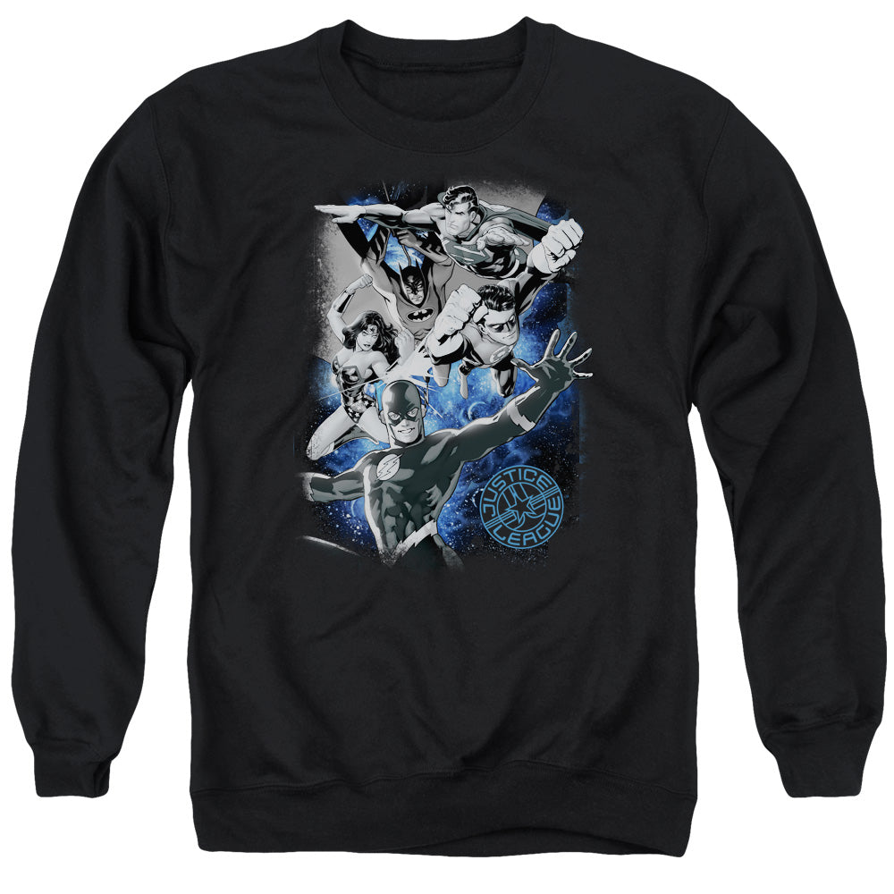 Justice League Of America Galactic Attack Nebula Mens Crewneck Sweatshirt Black Officially Licensed