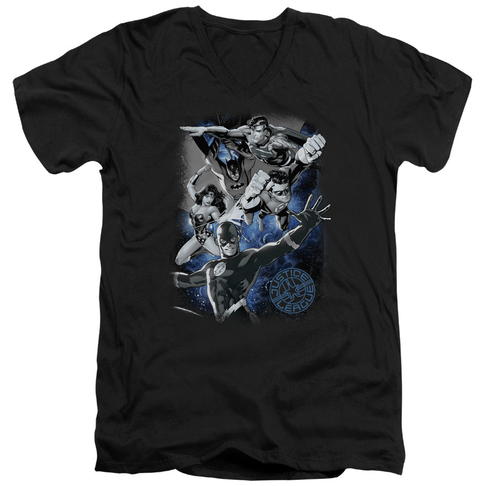 Justice League Galactic Attack Nebula Mens Slim Fit V-Neck T Shirt Black Officially Licensed