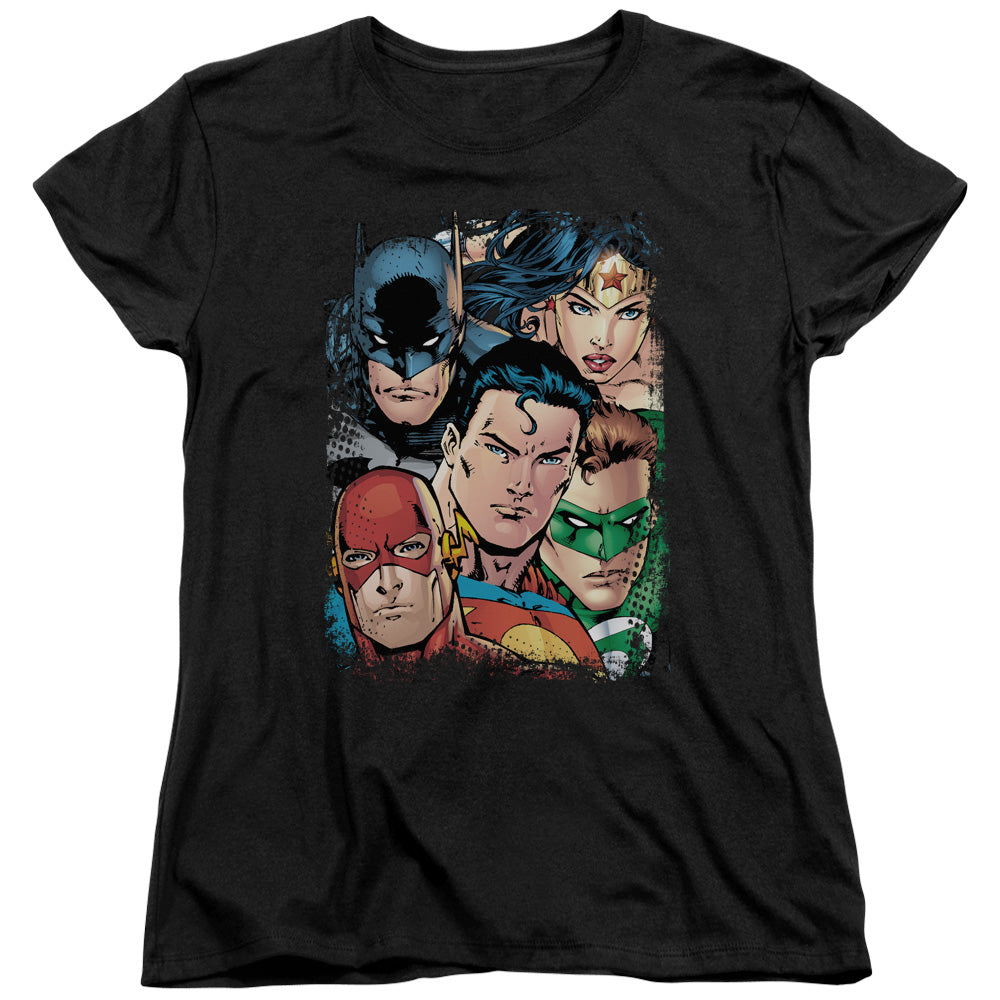 Justice League Up Close and Personal Womens T Shirt Black Officially Licensed