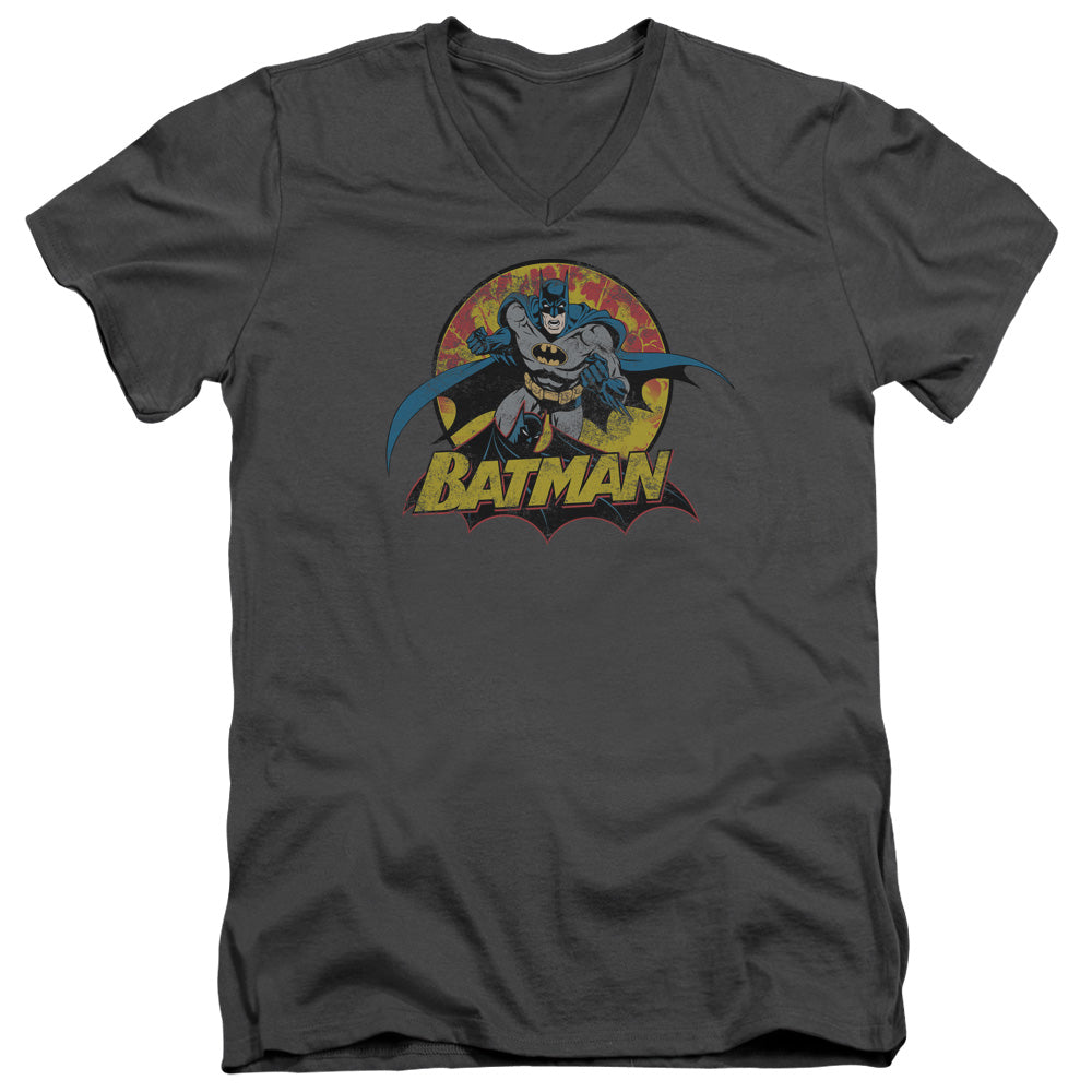 Justice League Batman Rough Distress Mens Slim Fit V-Neck T Shirt Charcoal Officially Licensed
