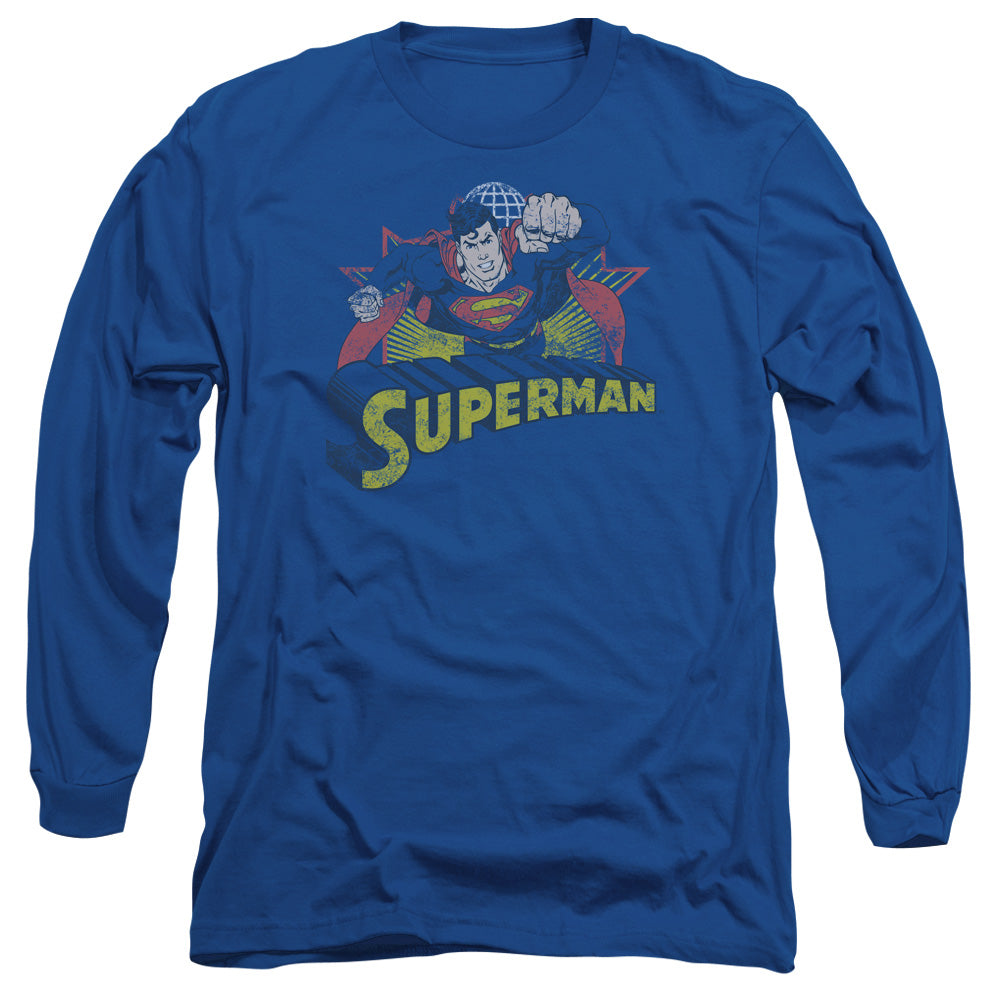 Justice League Superman Rough Distress Mens Long Sleeve Shirt Royal Blue Officially Licensed