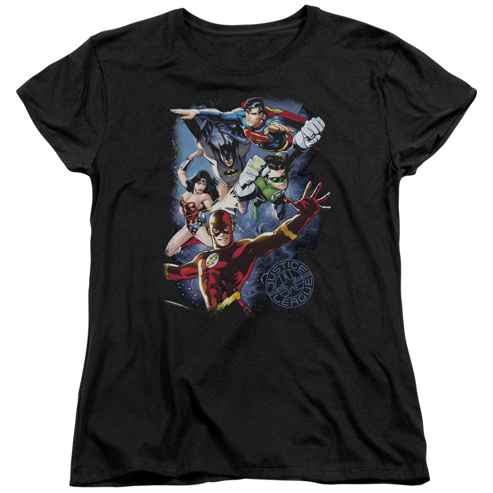 Justice League Galactic Attack Color Womens T Shirt Black Officially Licensed
