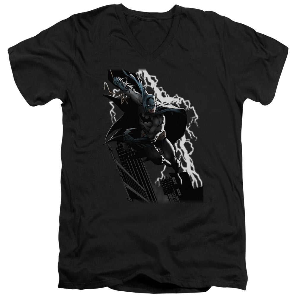 Justice League Lighting Crashes Mens Slim Fit V-Neck T Shirt Black Officially Licensed