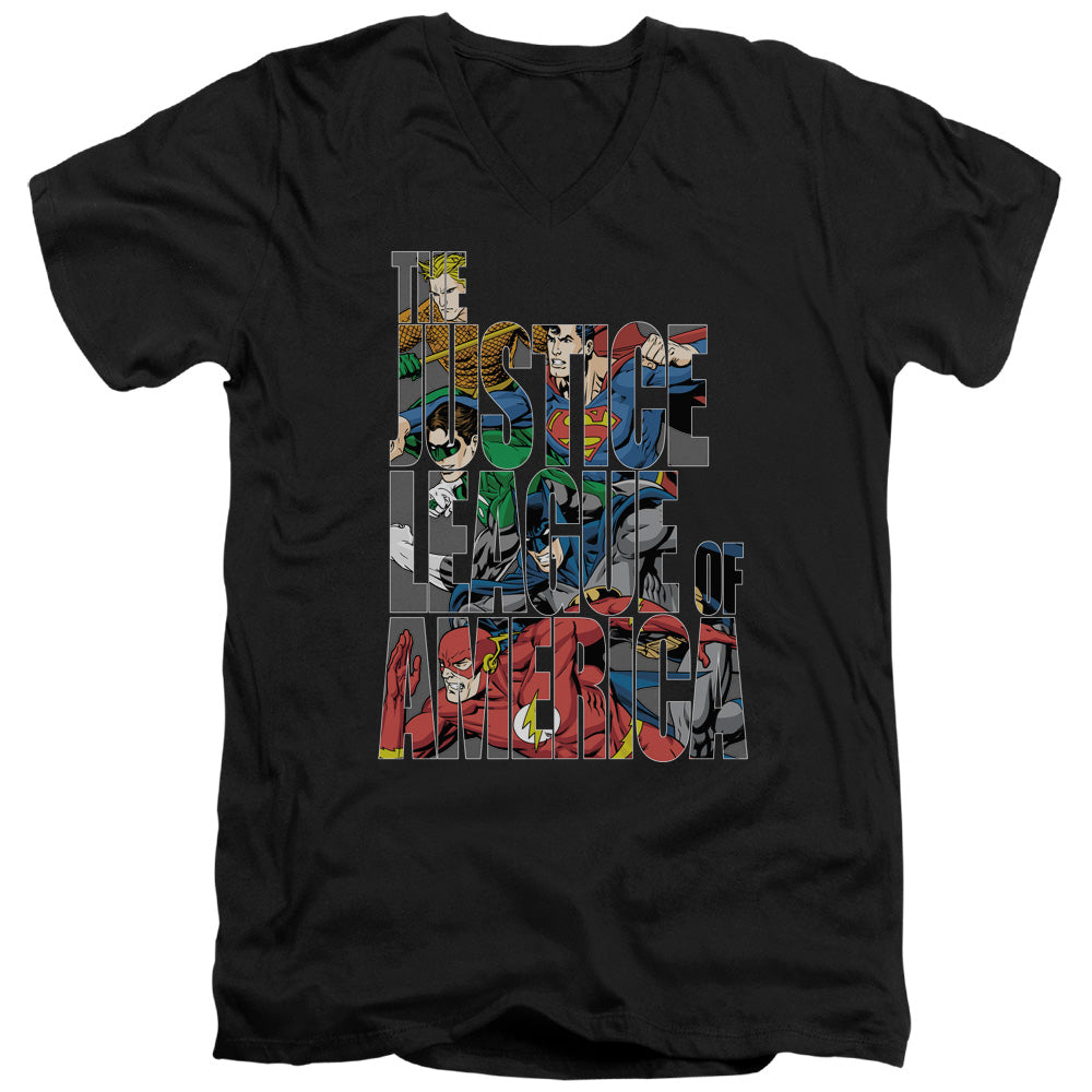 Justice League Lettered League Mens Slim Fit V-Neck T Shirt Black Officially Licensed
