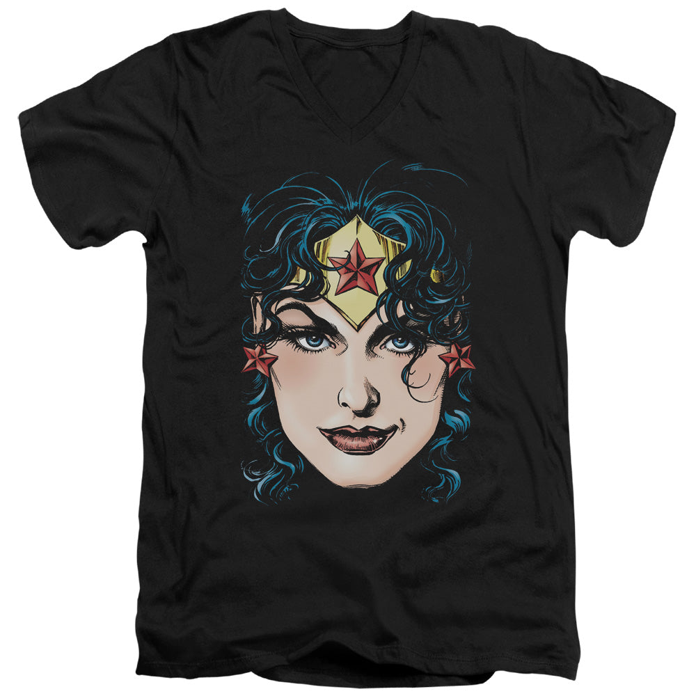 DCO Justice League Wonder Woman Head Mens Slim Fit V-Neck T Shirt Black Officially Licensed