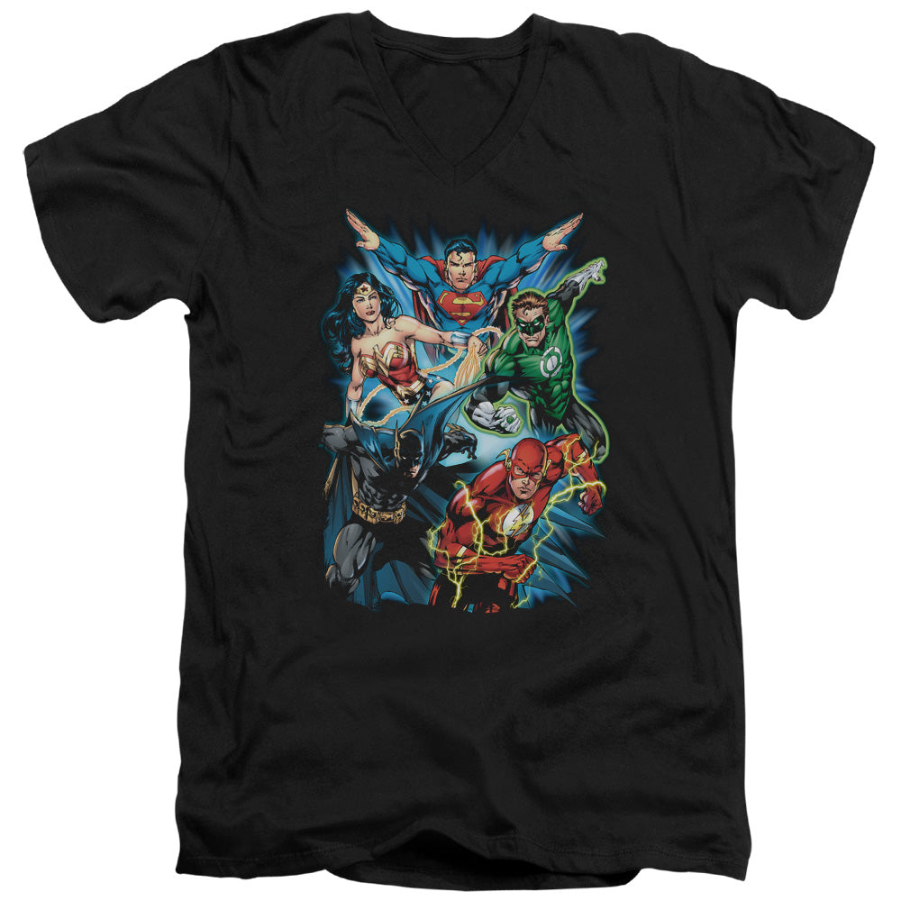 Justice League Jl Assemble Mens Slim Fit V-Neck T Shirt Black Officially Licensed