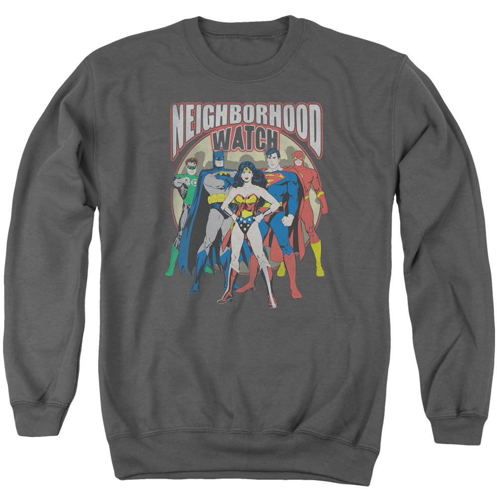 Justice League Neighborhood Watch Mens Crewneck Sweatshirt Charcoal Officially Licensed