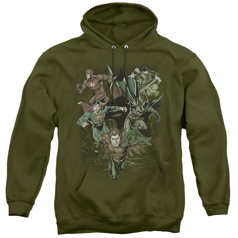 Justice League Spacing Out Mens Hoodie Military Green Officially Licensed