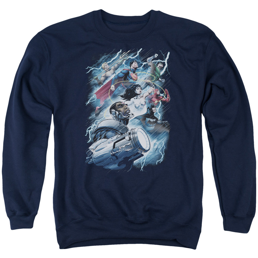 Justice League Ride the Lightening Mens Crewneck Sweatshirt Navy Blue Blue Officially Licensed