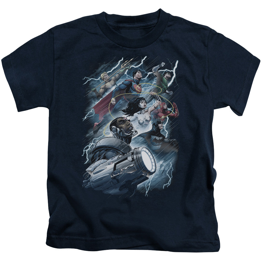 Justice League Ride the Lightening Juvenile Kids Youth T Shirt Navy Blue Blue Officially Licensed