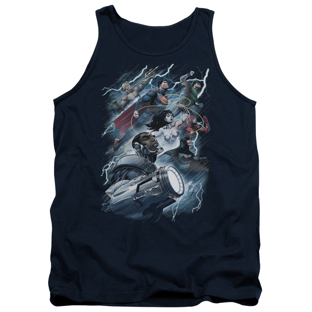 Justice League Ride the Lightening Mens Tank Top Shirt Navy Blue Blue Officially Licensed