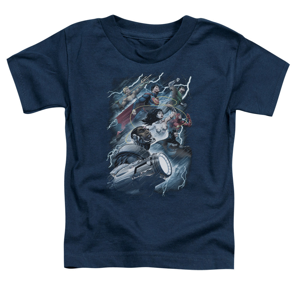 Justice League Ride the Lightening Toddler Kids Youth T Shirt Navy Blue Blue Officially Licensed