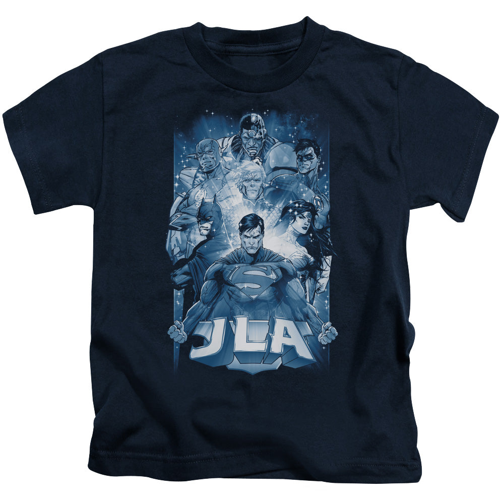 Justice League Burst Juvenile Kids Youth T Shirt Navy Blue Blue Officially Licensed