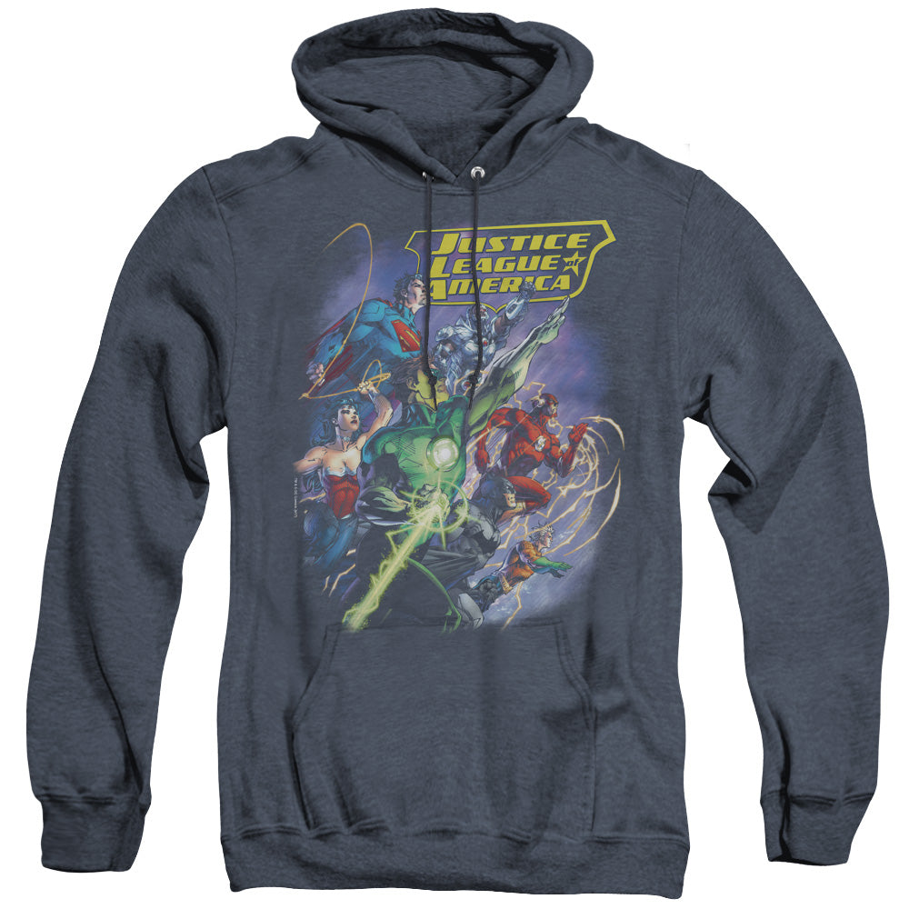 Justice League Onward Heather Mens Hoodie Navy Blue Blue Officially Licensed