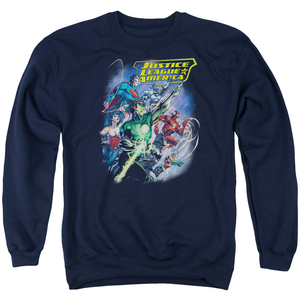 Justice League Onward Mens Crewneck Sweatshirt Navy Blue Blue Officially Licensed