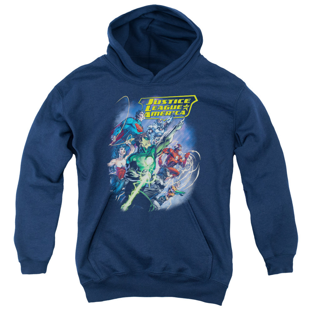 Justice League Onward Kids Youth Hoodie Navy Blue Blue Officially Licensed