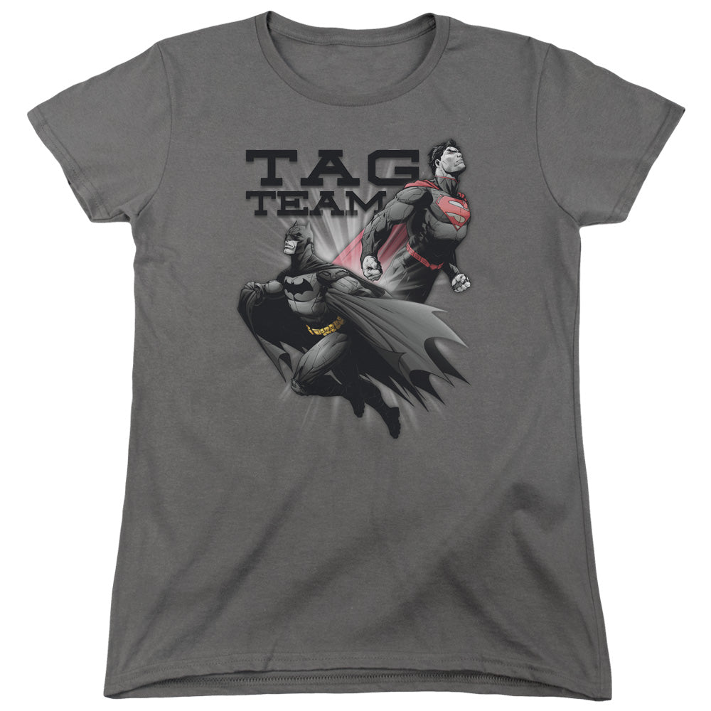 Justice League Tag Team Womens T Shirt Charcoal Officially Licensed
