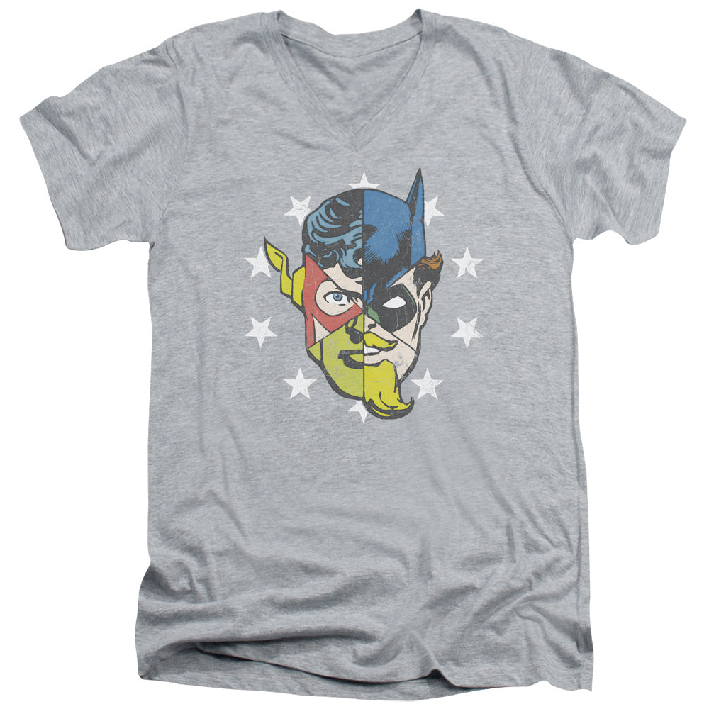 Justice League Face Off Mens Slim Fit V-Neck T Shirt Athletic Heather Officially Licensed